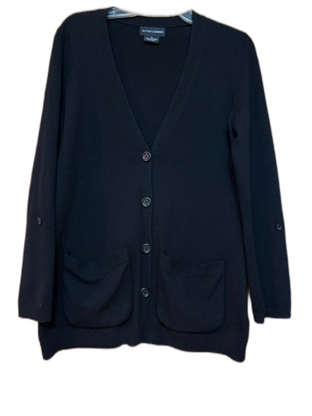 Sutton 100% Cashmere Black V-Neck Long Button Cardigan with Front Pockets